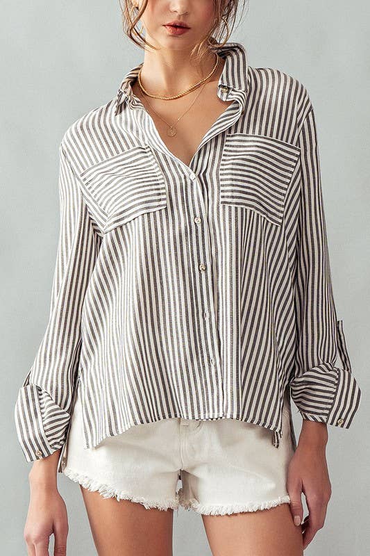 Relaxed Fit Vertical Striped Rayon Button Down Shirt