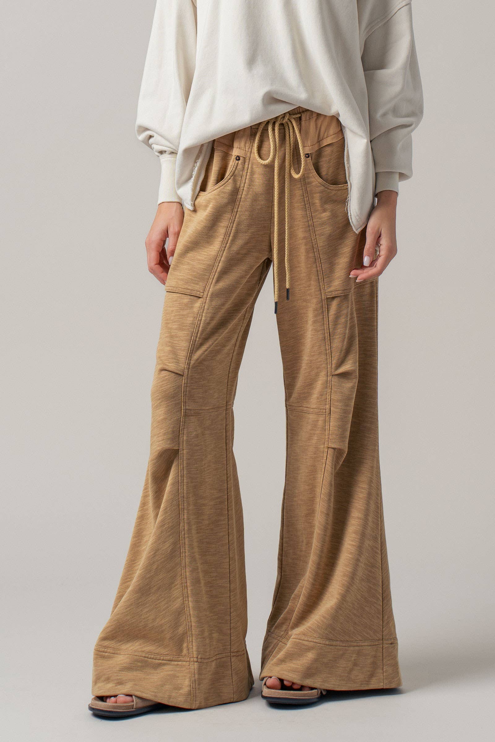 Drawstring Waist Seam Detail Wide-Leg Pants