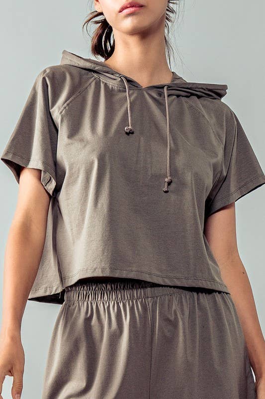 Urban Daizy Cropped Short Sleeve Drawstring Hooded Pullover Top Black Hoodie - Women's (UDZ-KN-00341) – alternate view 3