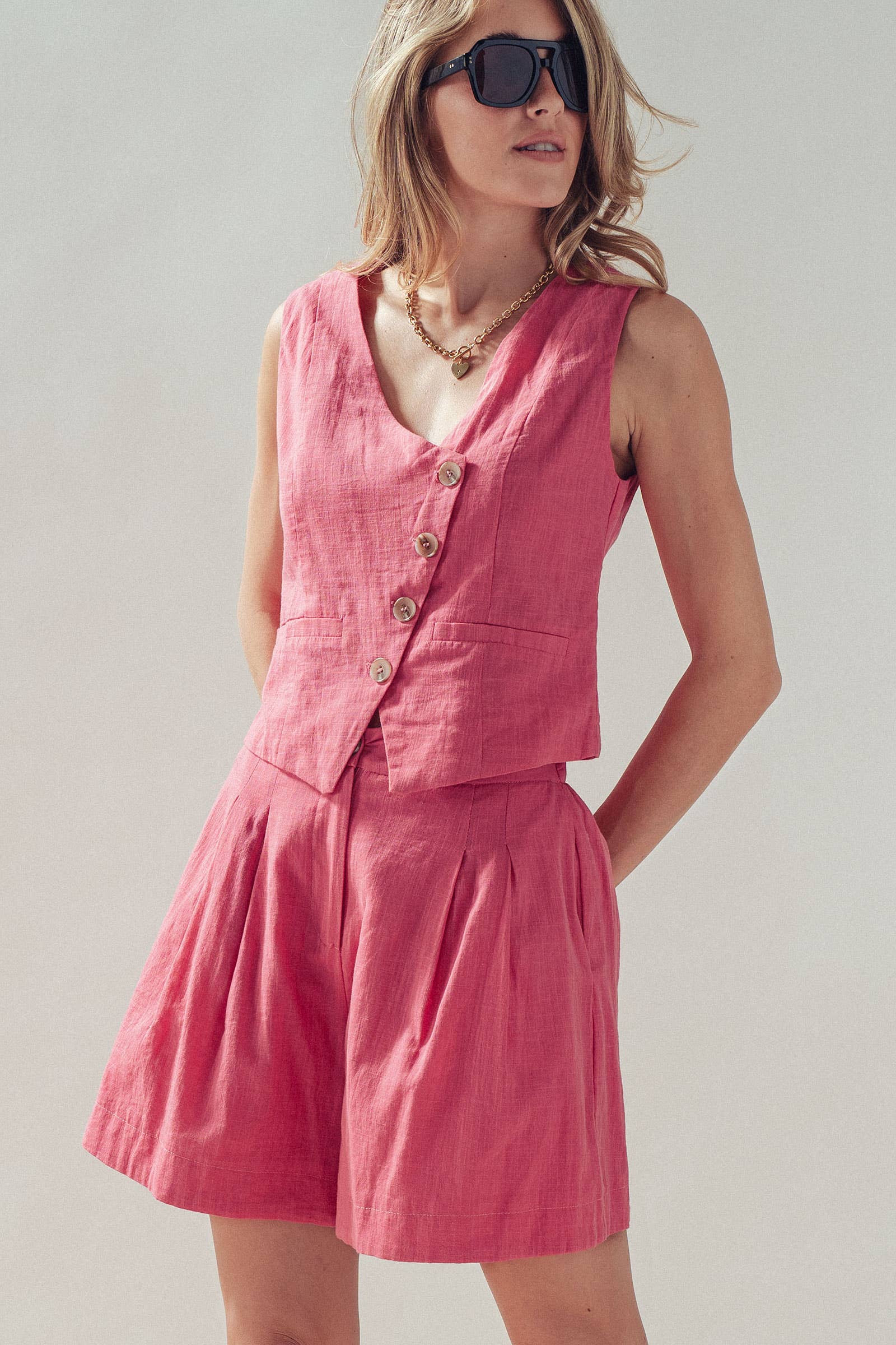 Asymmetrical Button Cotton Vest & Shorts Set