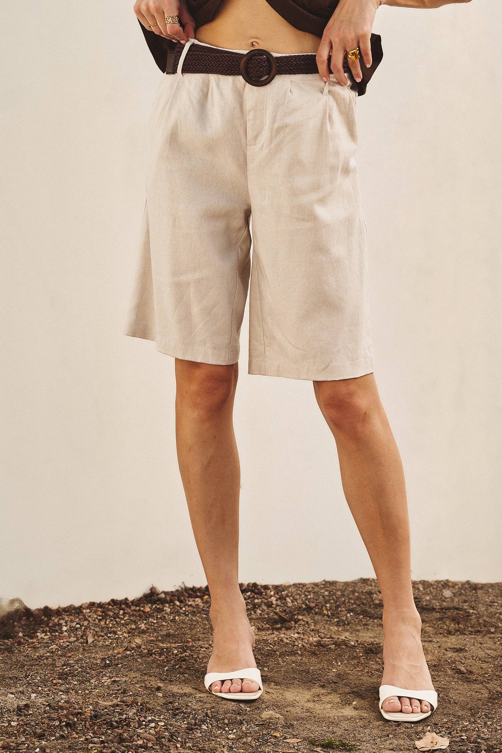 Linen Blend Belted Bermuda Shorts