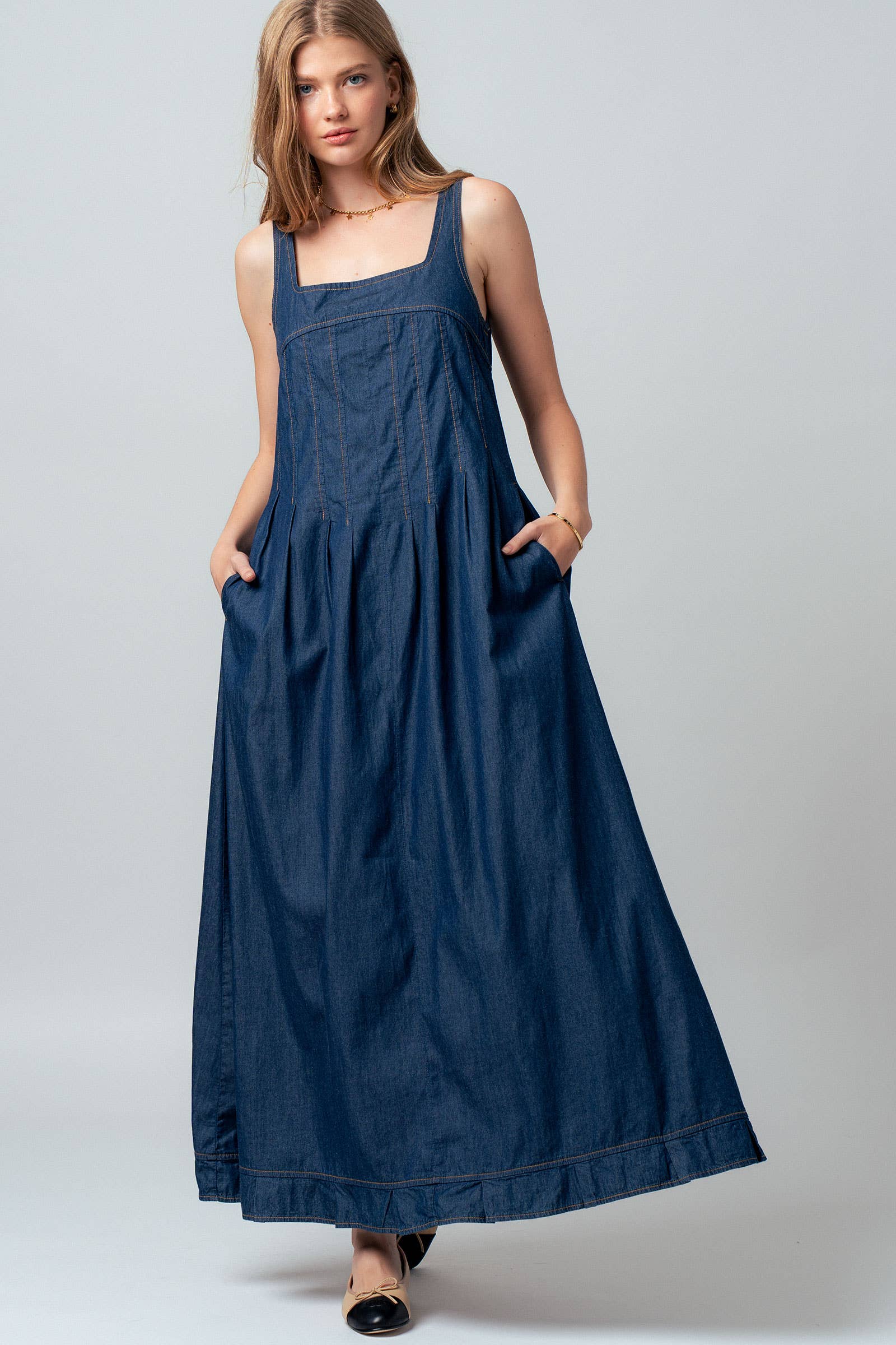 Smocked Back Denim Maxi Dress