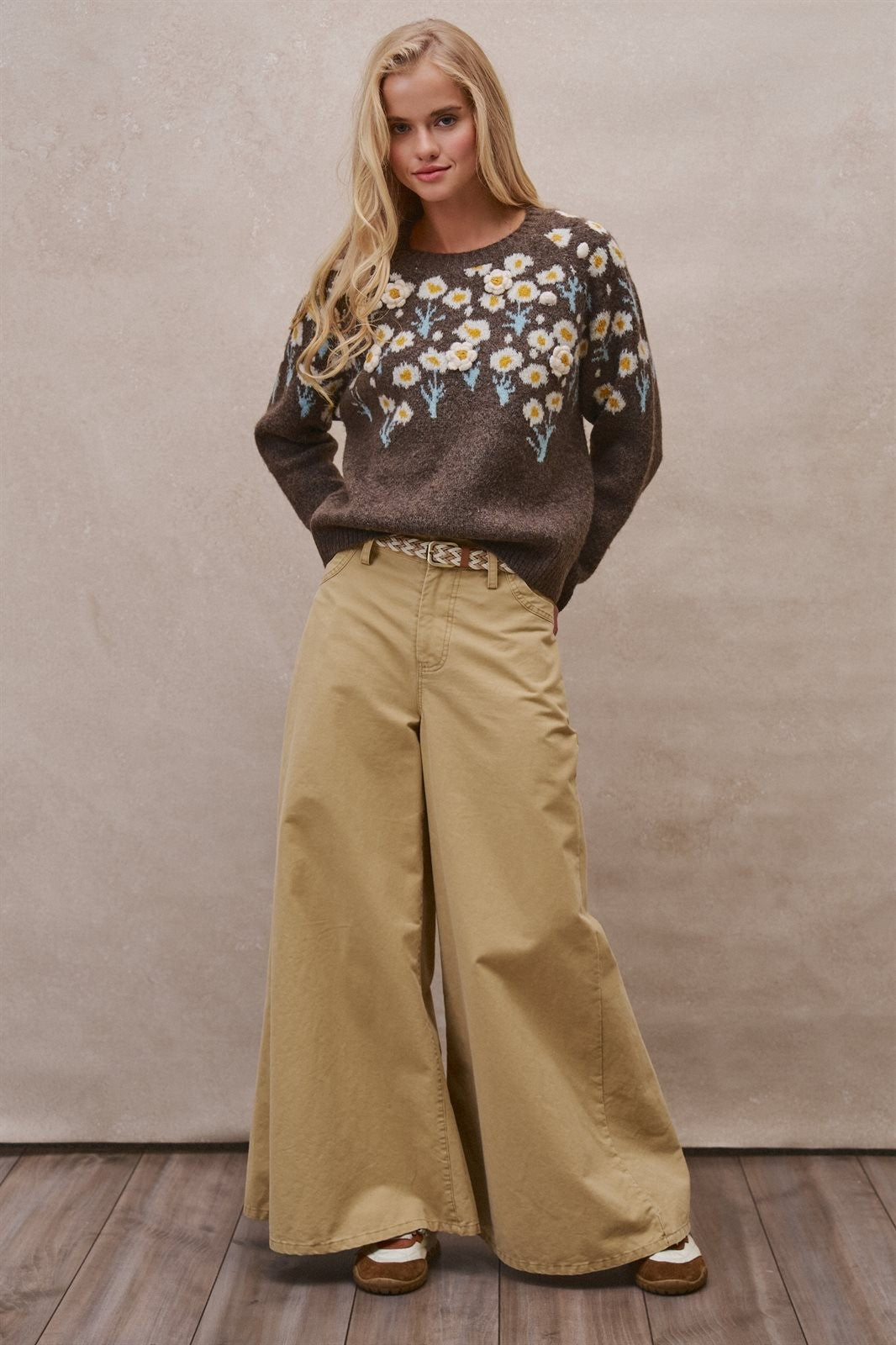 Embossed Floral Knit Sweater in BROWN - Women's Sweaters | Urban Daizy