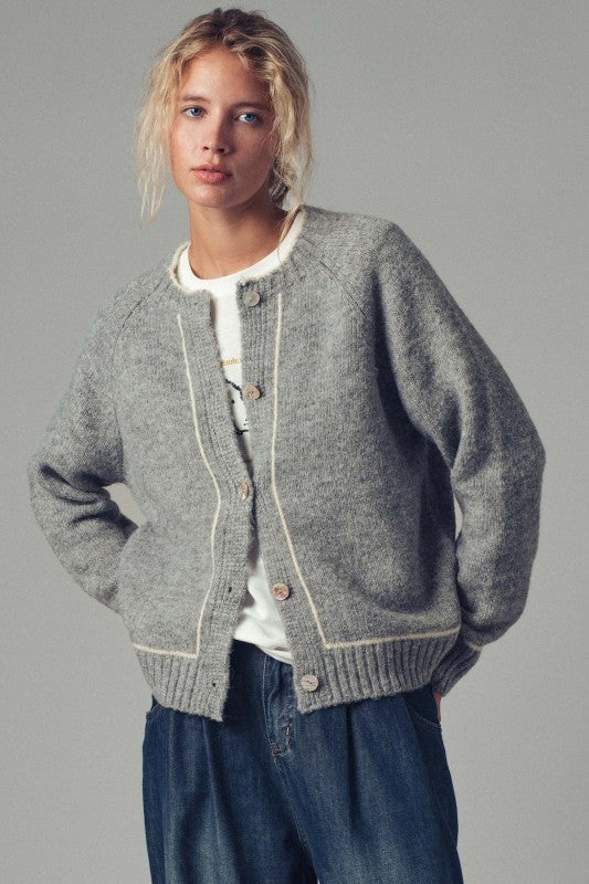 Wool Blend Sweater Cardigan with Statement Buttons in GREY - Women's Cardigans & Shrugs | Urban Daizy