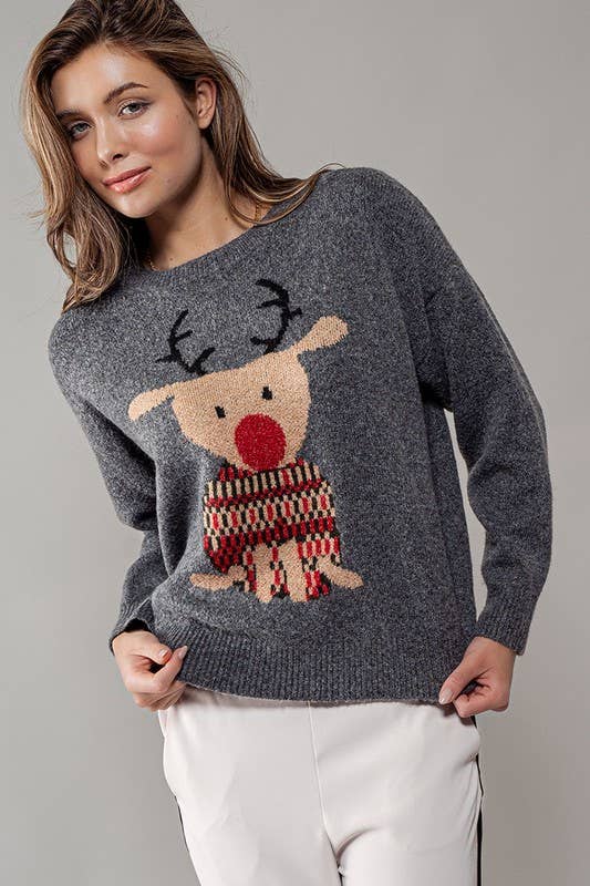 Urban Daizy Rudolph Reindeer Knit Crewneck Sweater Grey Knit Sweater - Women's (UDZ-KN-00538) – alternate view 15