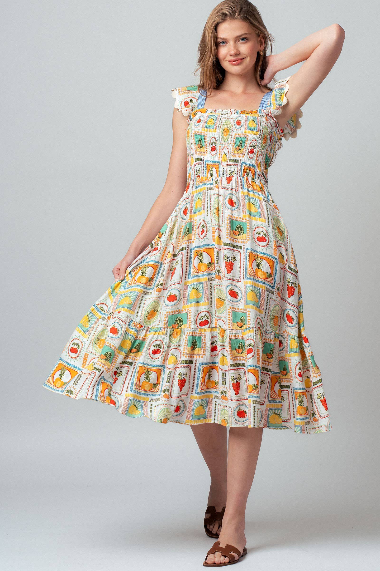 Novelty Stamp Print Smocked Midi Dress