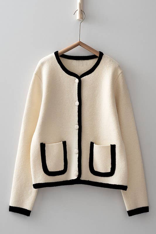 Urban Daizy Classic Contrast Trim Patch Pocket Cardigan Ivory Cardigan - Women's (UDZ-KN-00363)