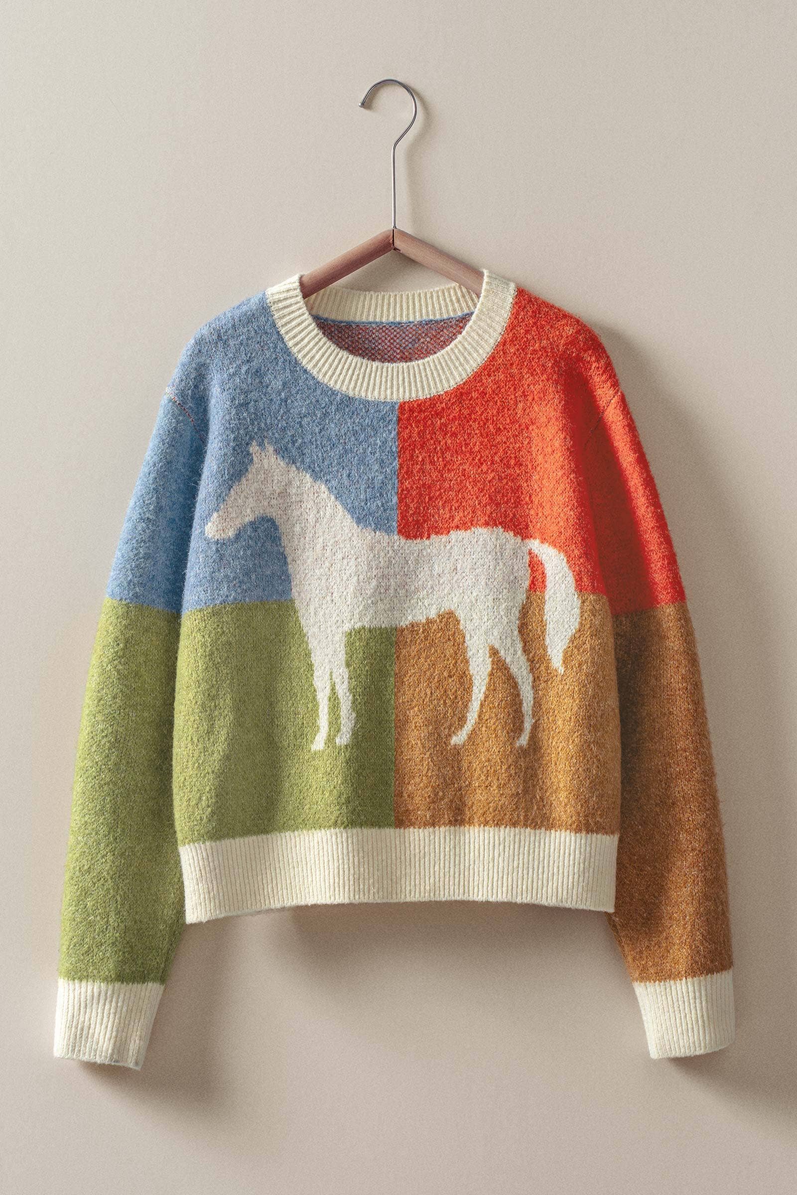 Urban Daizy Colorblock Horse Intarsia Graphic Sweater Orange Knit Sweater - Women's (UDZ-TP-00816)