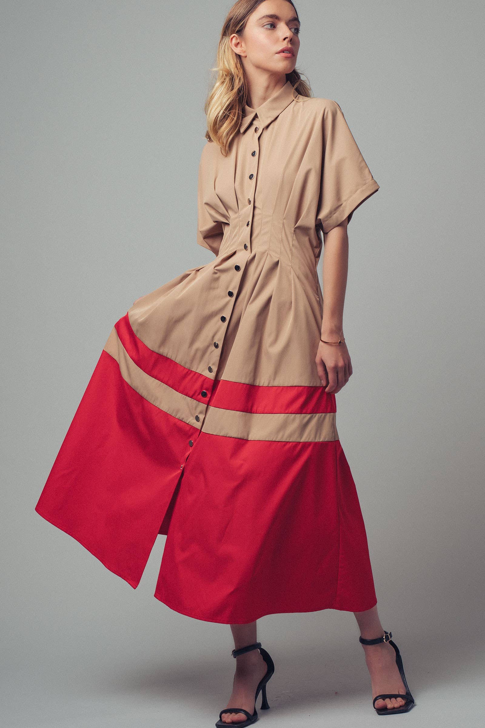 Colorblock Button-Up Cotton Midi Dress