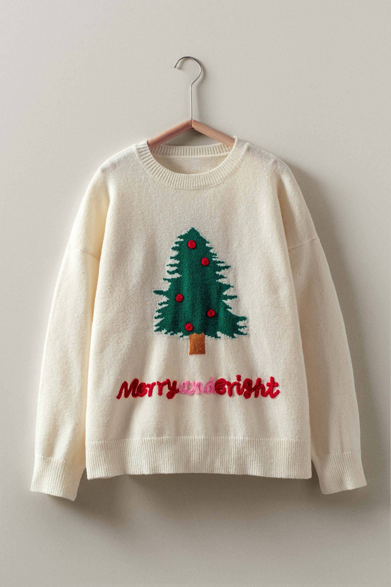 Urban Daizy "Merry and Bright" Textured Graphic Knit Sweater Ivory Knit Sweater - Women's (UDZ-DR-00392)