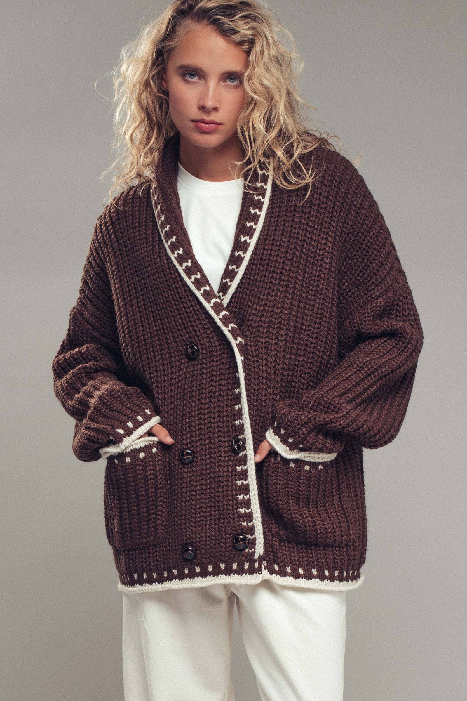 Urban Daizy Chunky Knit Oversized Contrast Cardigan Taupe Cardigan - Women's (UDZ-TP-00814) – alternate view 7