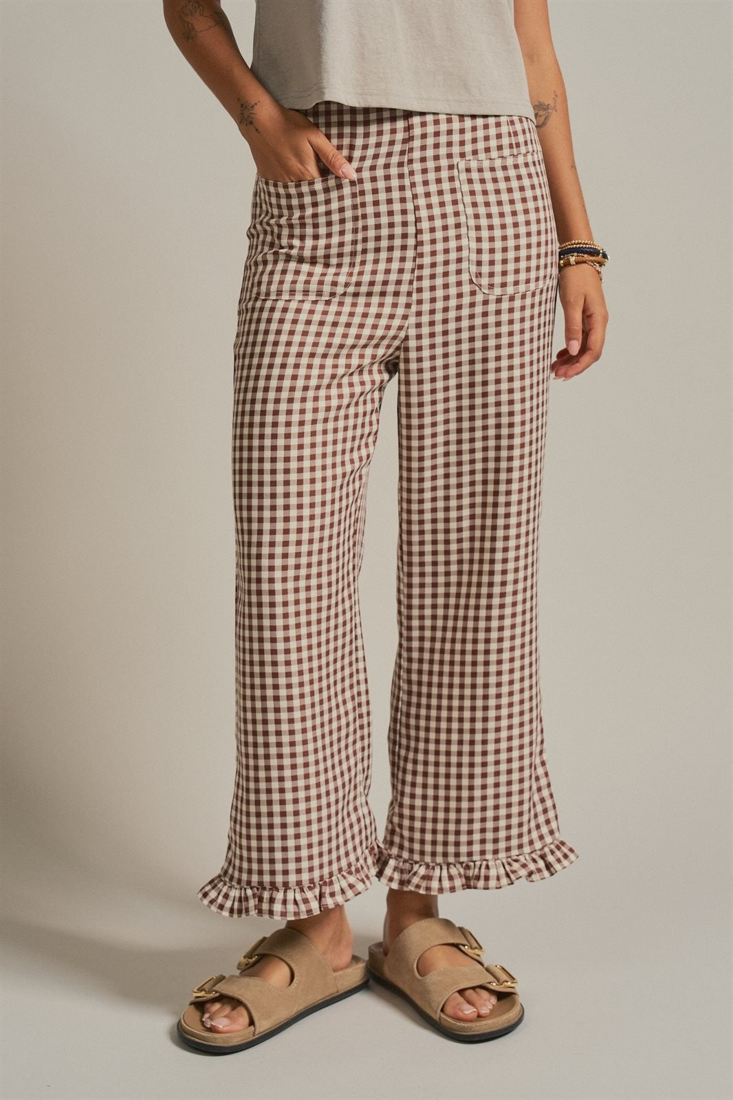 Gingham Ruffle Hem Cropped Wide Leg Pants in Brown in BROWN - Women's Casual Pants | Urban Daizy