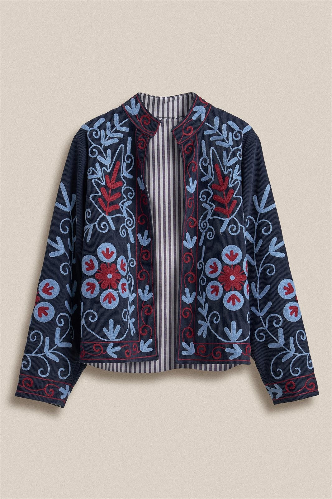 Embroidered Corduroy Jacket with Folk Floral Scroll in NAVY - Women's Jackets & Blazers | Urban Daizy