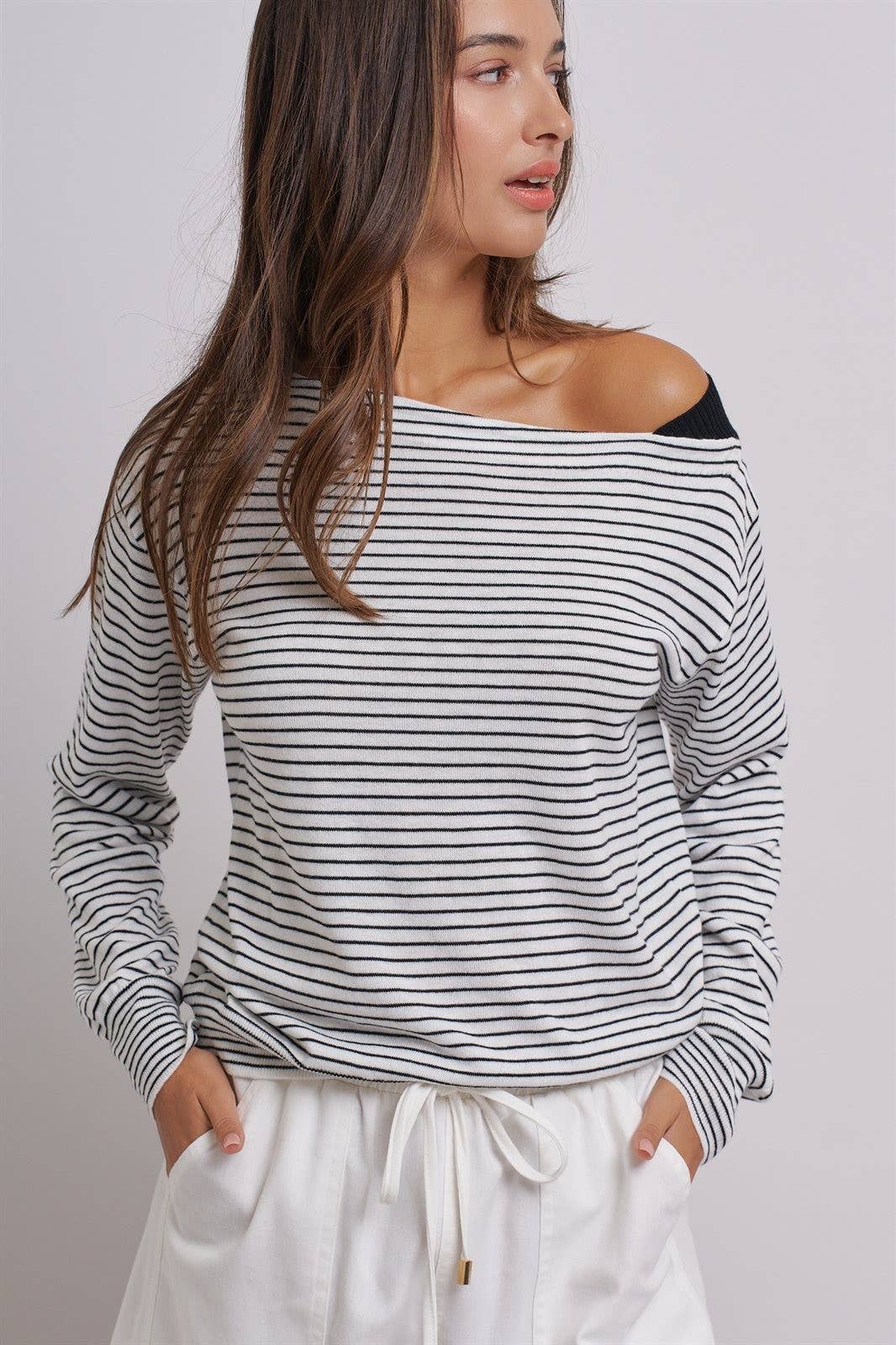 Urban Daizy Asymmetrical Striped One-Shoulder Top Ivory-Black Knit Top - Women's (UDZ-TP-01085-Ivory-Black) – alternate view 2