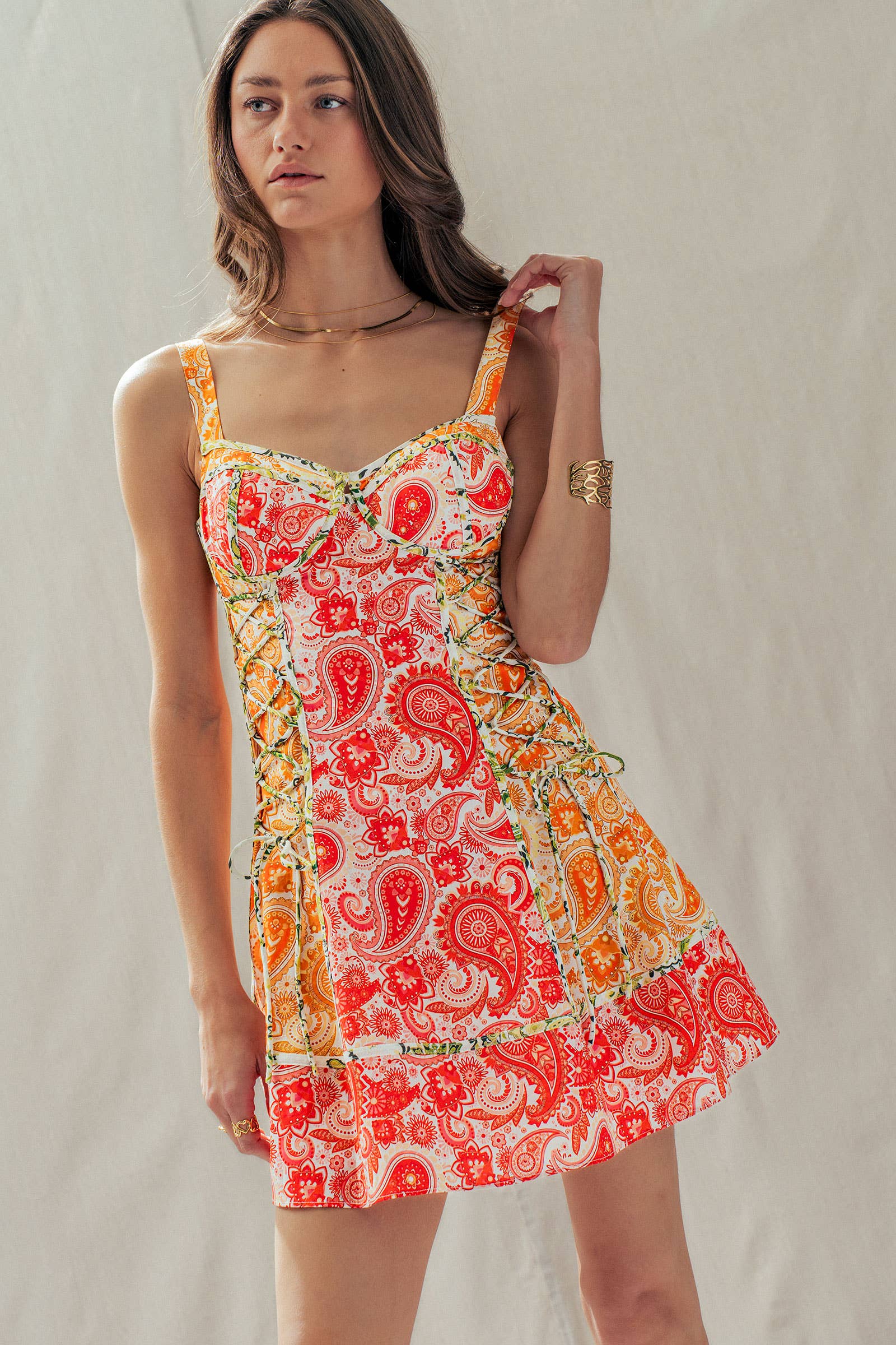 Urban Daizy Paisley Print Side Lace-Up Corset Mini Dress Pink-Multi Dress - Women's (UDDR0332) – alternate view 2