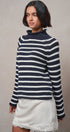 Striped Mock Neck Sweater with Rolled Neckline in IVORY NAVY - Women's Sweaters | Urban Daizy