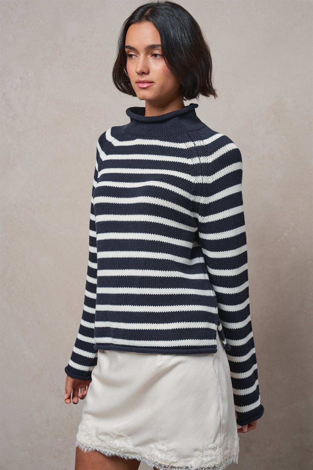 Striped Mock Neck Sweater with Rolled Neckline in IVORY NAVY - Women's Sweaters | Urban Daizy