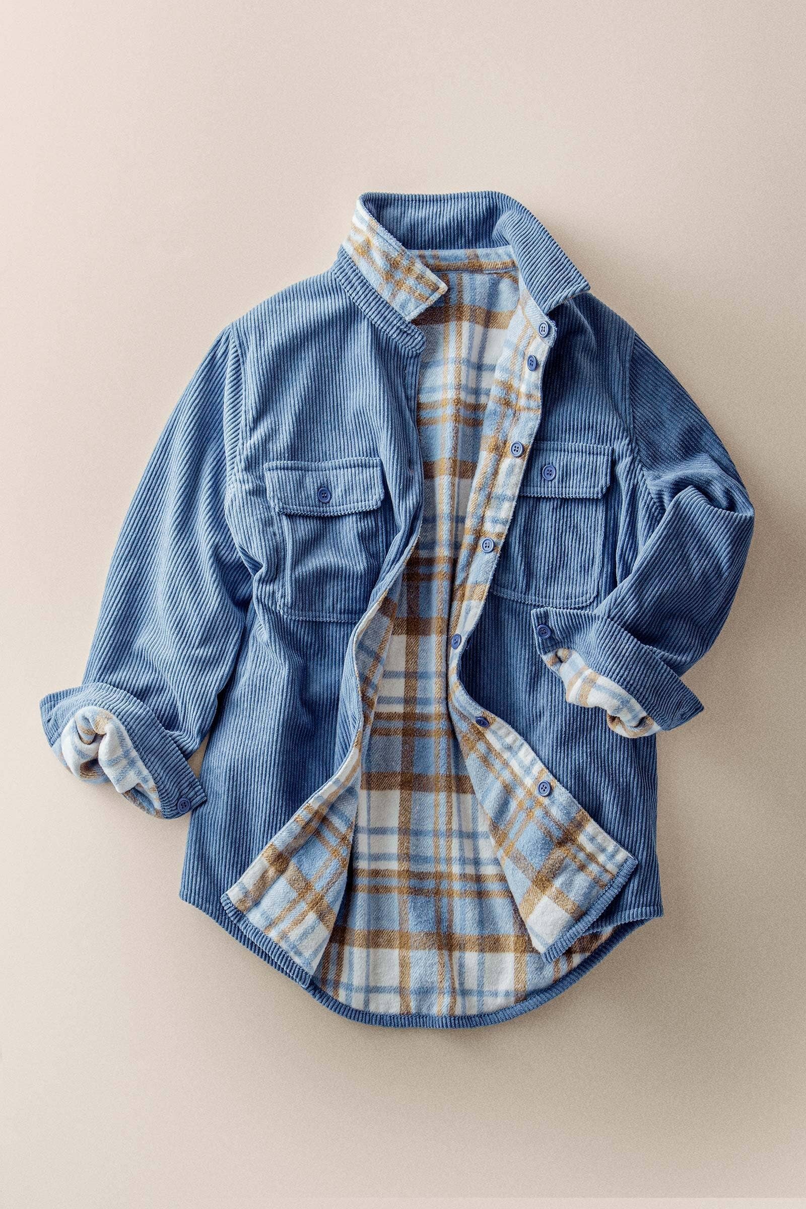 Urban Daizy Plaid Flannel-Lined Corduroy Shacket Taupe Shirt Jacket/Shacket - Women's (UDZ-KN-00150) – alternate view 6