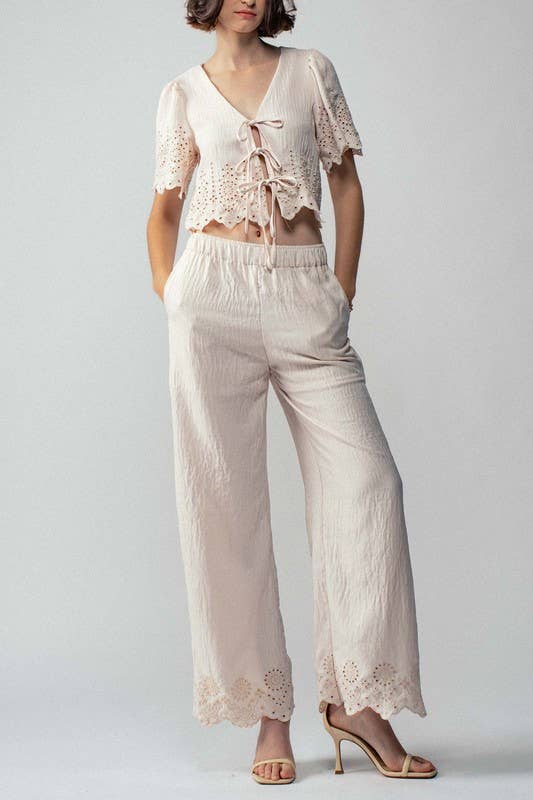 Urban Daizy Embroidered Eyelet Flutter Sleeve Top and Wide Leg Pants Natural Top & Pant Set (NOT Loungewear) - Women's (UDZ-PT-00354) – alternate view 3