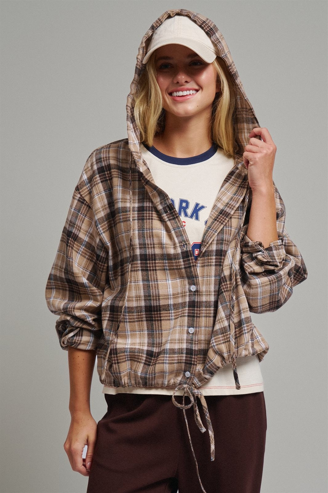 Plaid Flannel Hooded Shirt Jacket with Drawstring Hem in KHAKI - Women's Shirts & Blouses | Urban Daizy