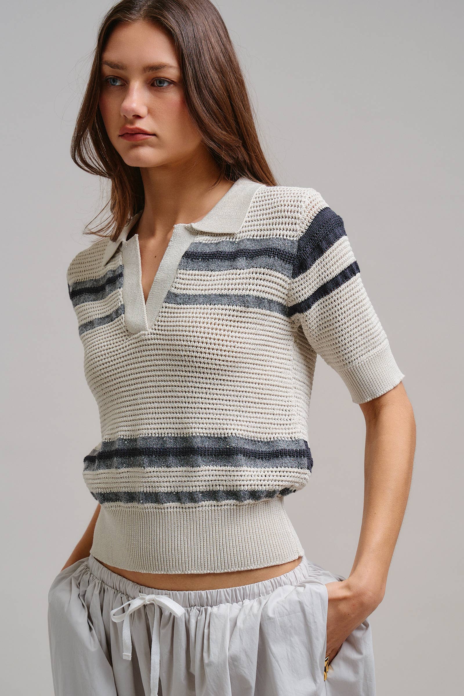 Retro Striped Open Knit V-Neck Polo