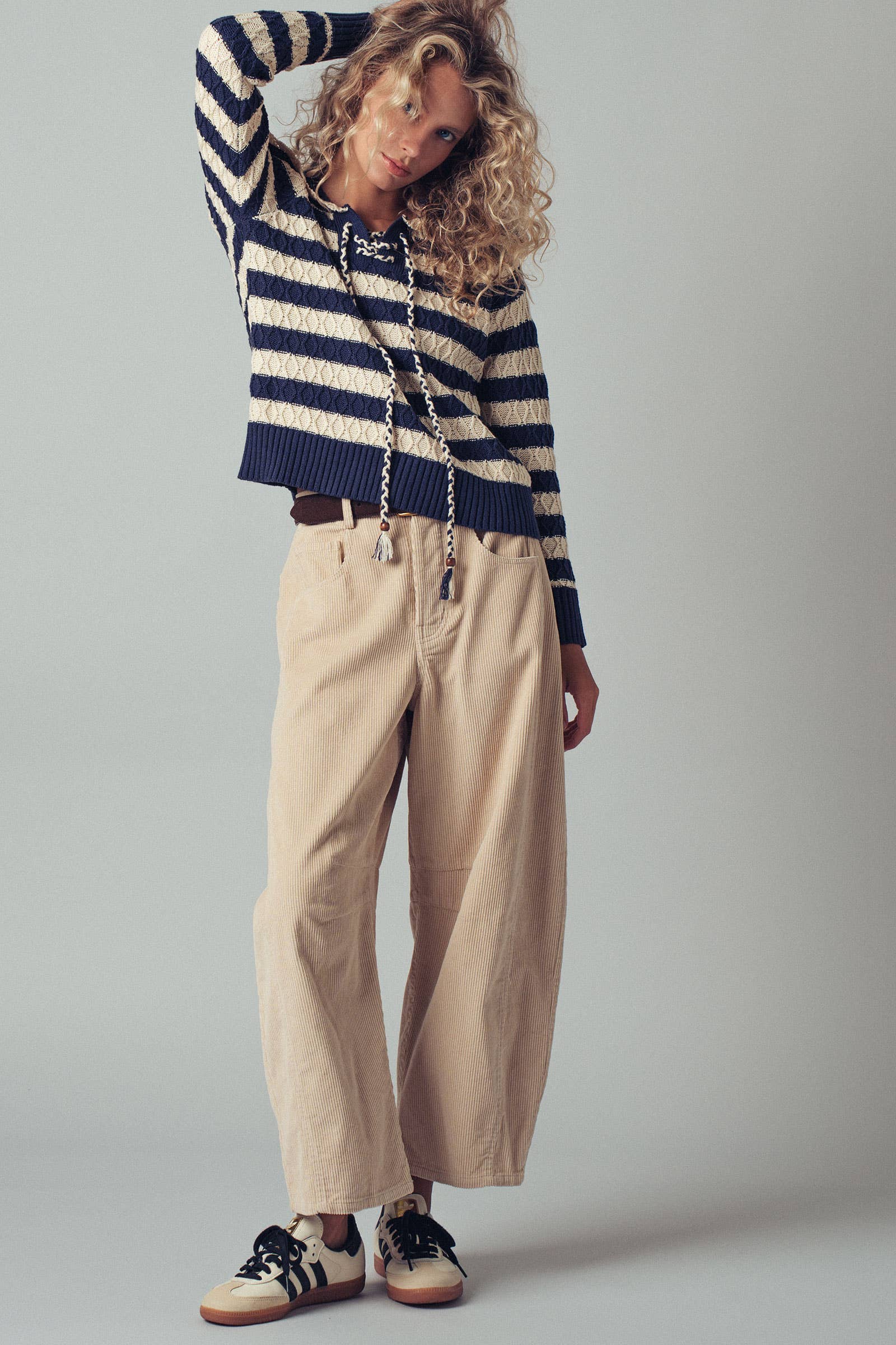 Lace-Up Cable Knit Striped Sweater Top