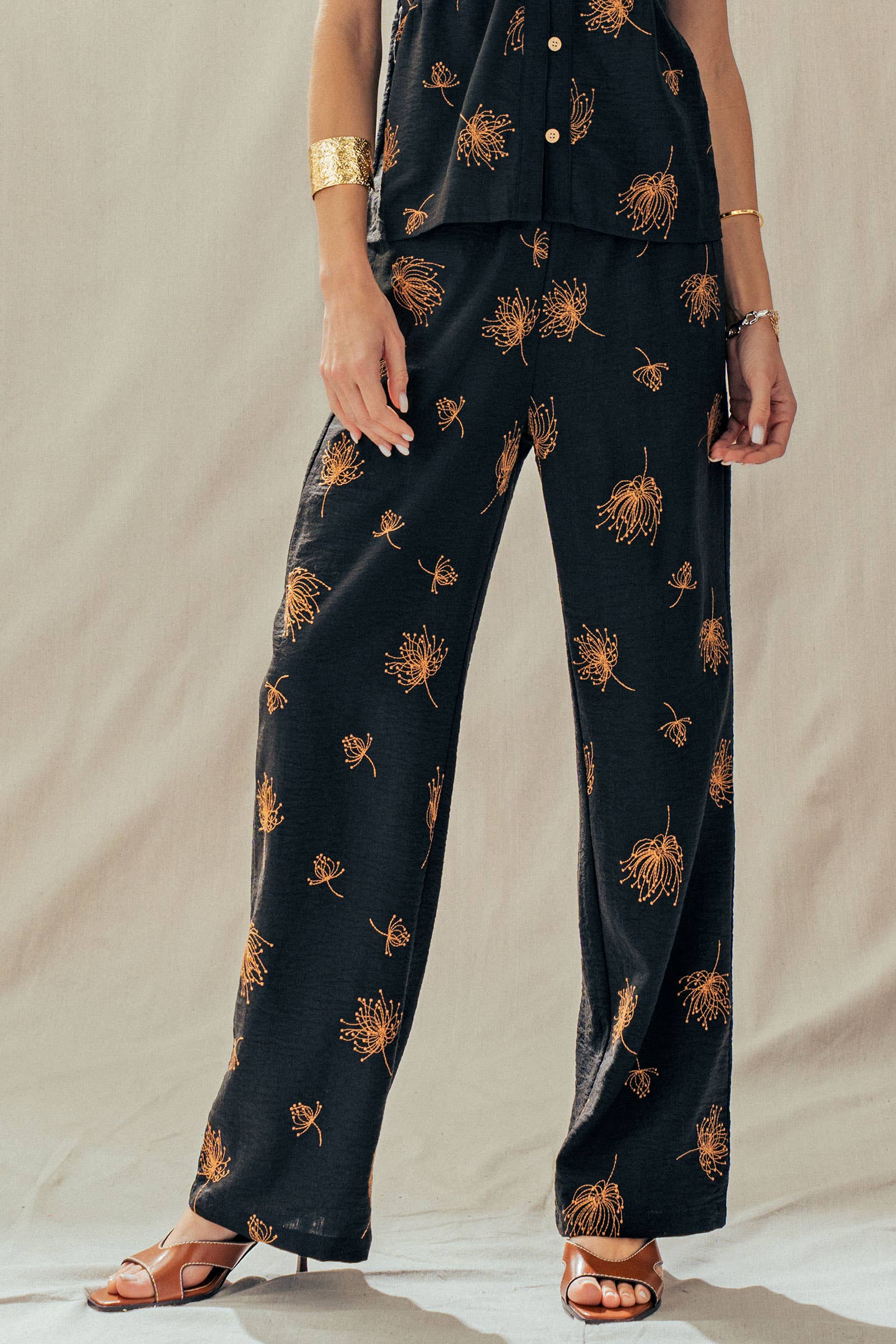 Floral Print Wide-Leg Linen Blend Pants