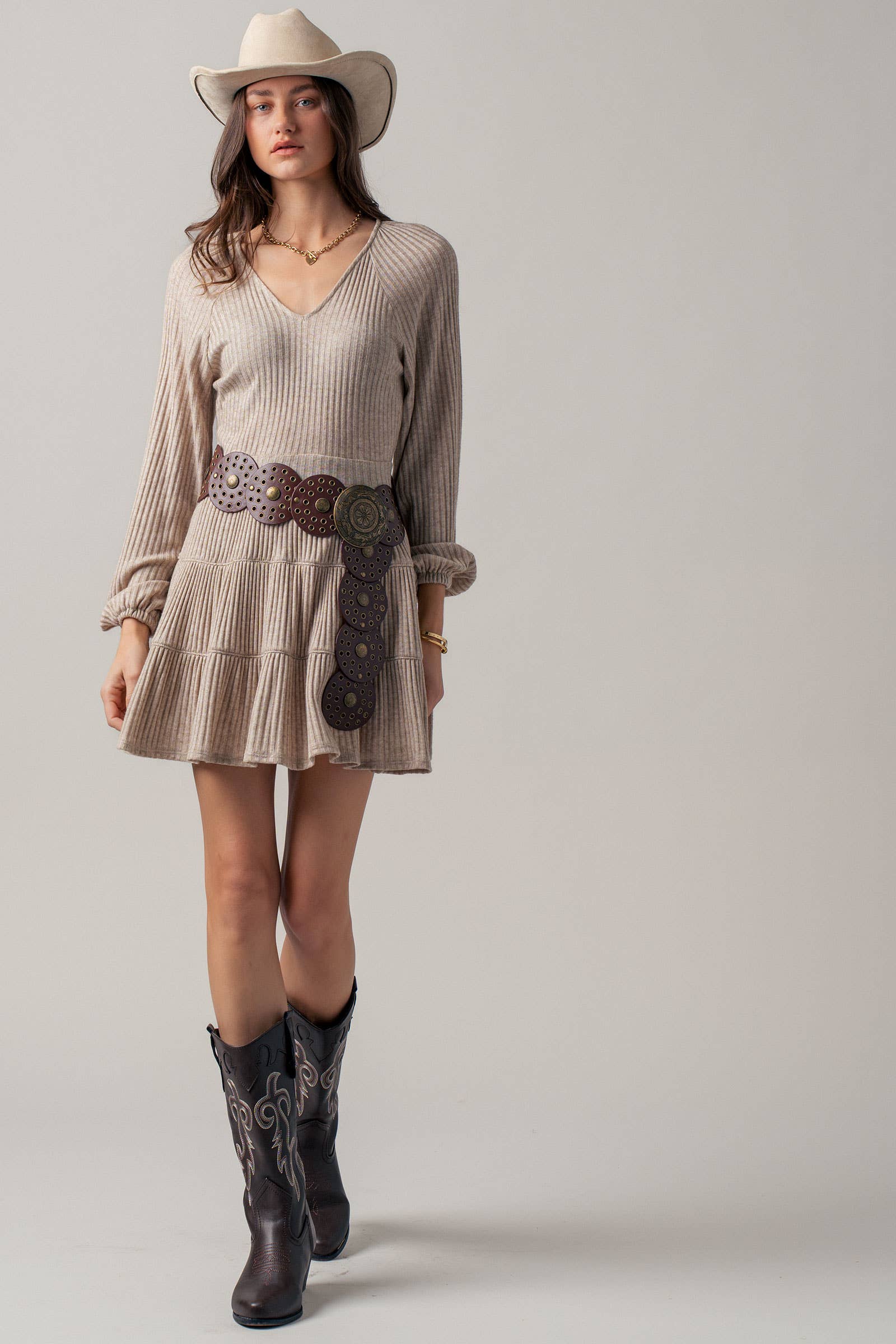 Cashmere Ribbed V-Neck Tiered Mini Dress