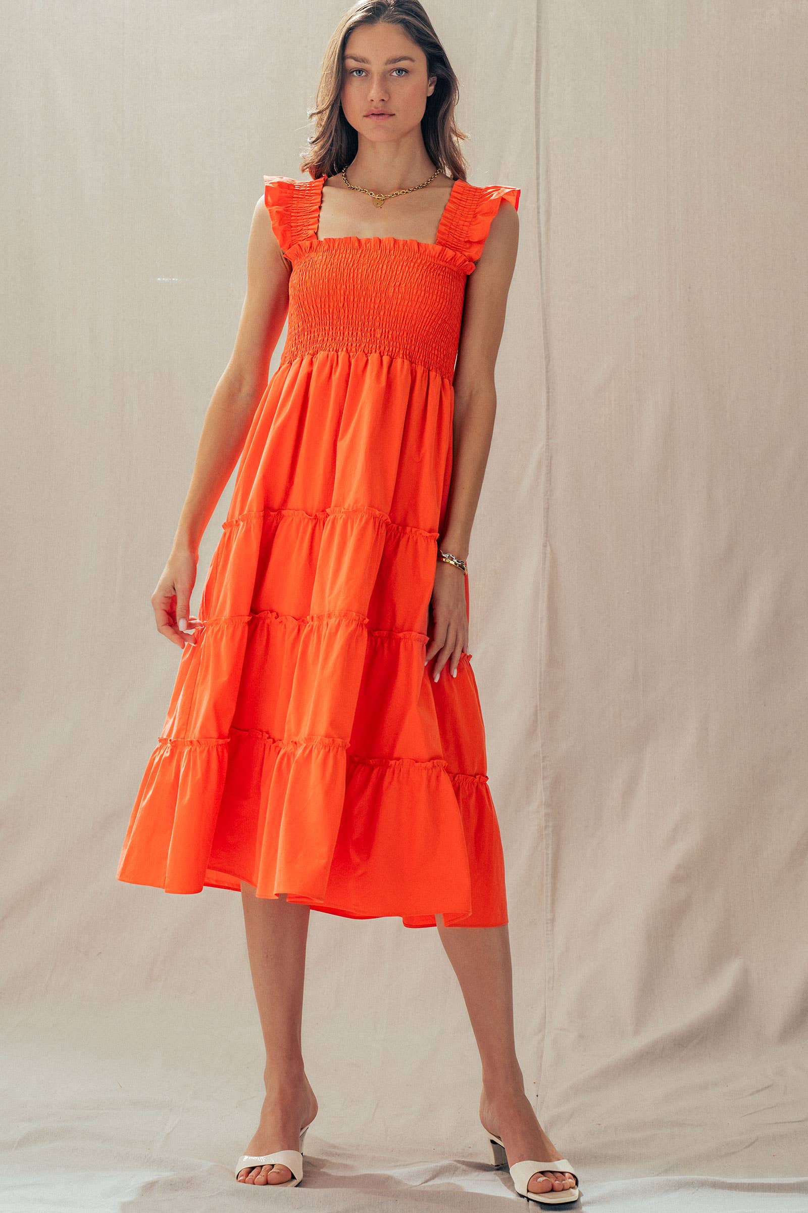 Cotton Smocked Tiered Midi Dress