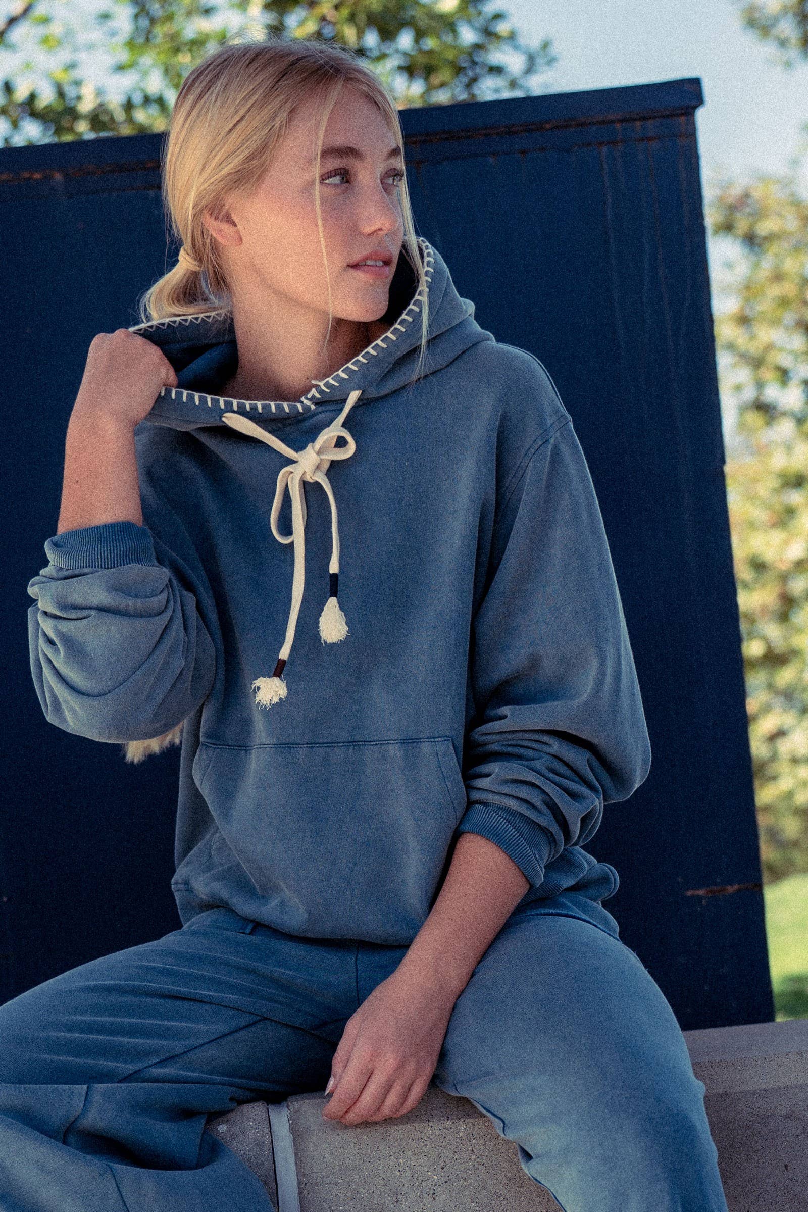 Vintage-Wash Crochet Trim Hooded Sweatshirt