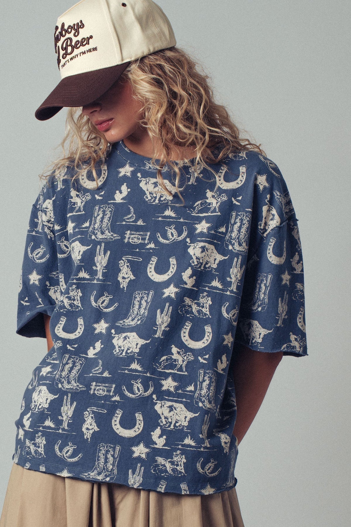 Rodeo Charm Print Oversized Tee in BLUE - Women's Graphic T-shirts | Urban Daizy