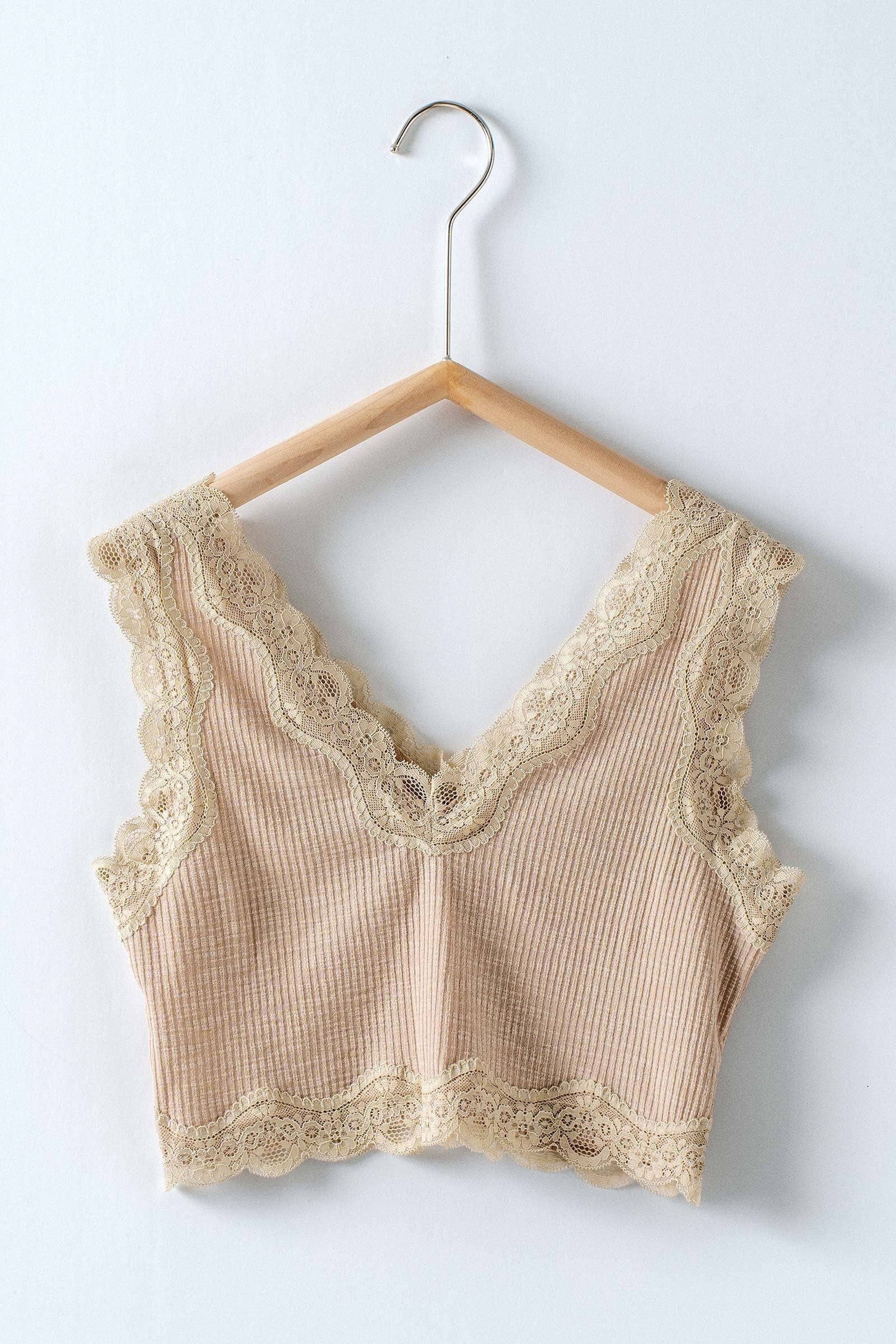 Urban Daizy Lace Trim Ribbed Knit V-Neck Crop Top Khaki Tank Top - Women's (UDZ-TP-01046)