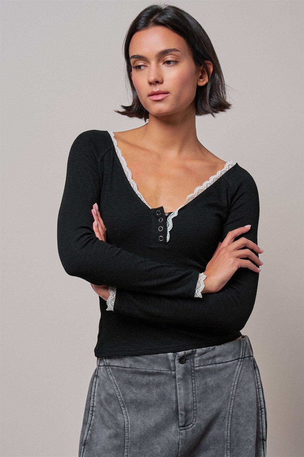 Pretty Little Lace Trim Henley in BLACK - Women's T-Shirts & Polos | Urban Daizy