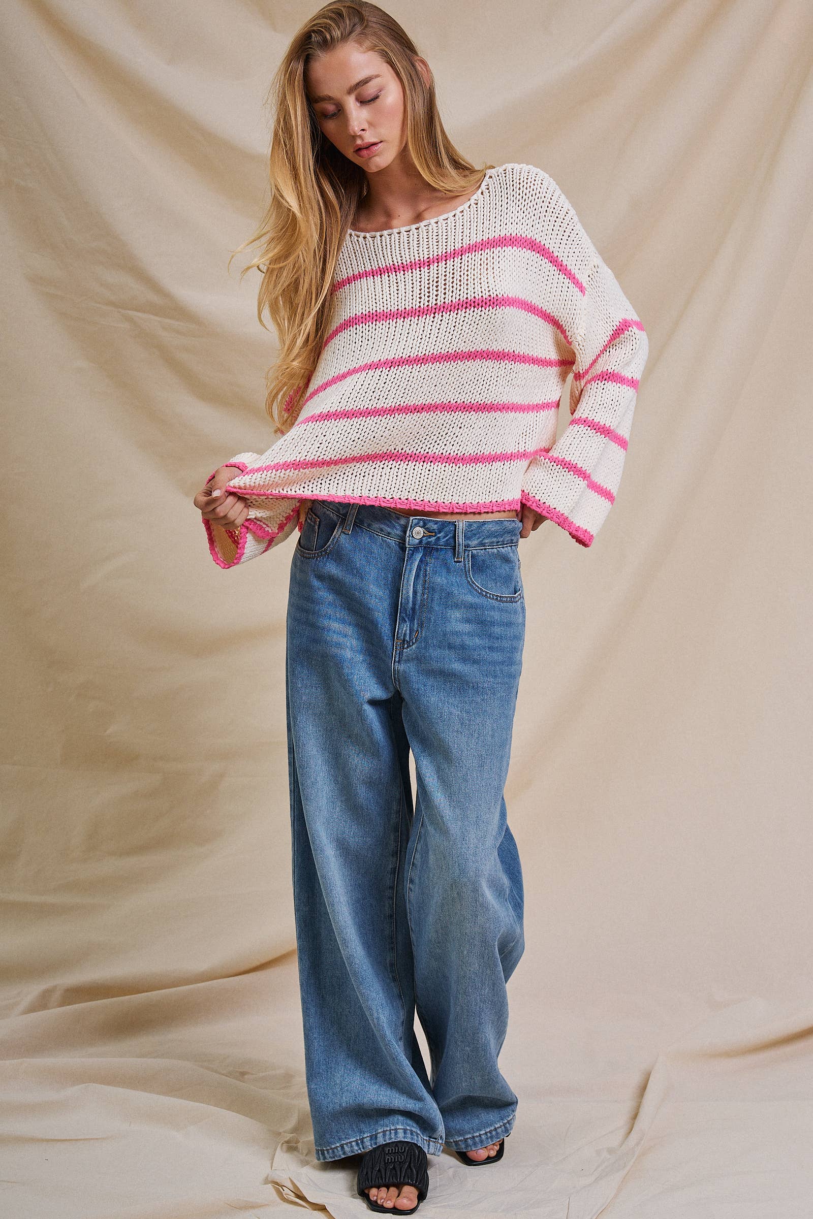 Nautical Striped Open Knit Slouchy Sweater