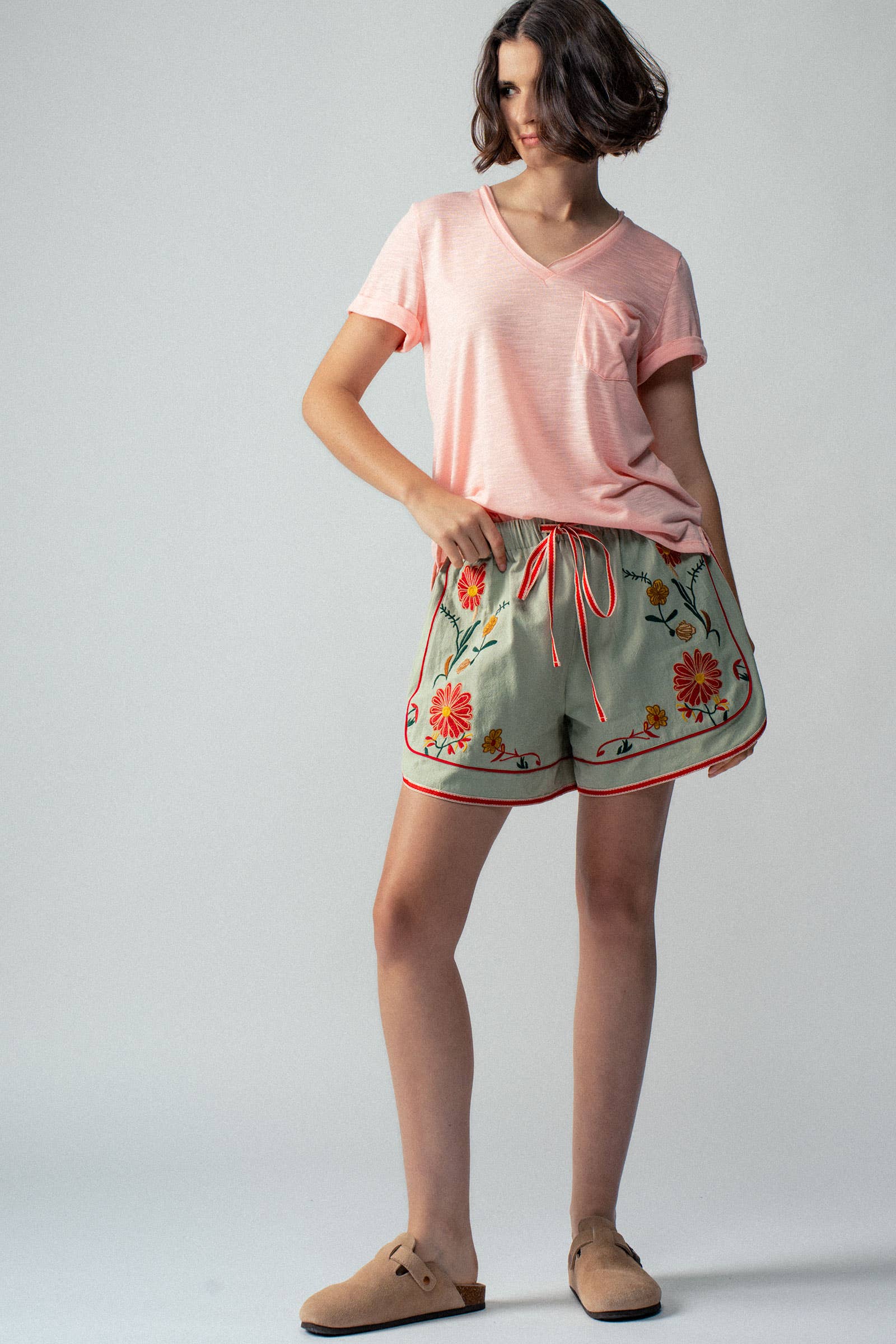 Rolled Sleeve V-Neck Pocket Tee