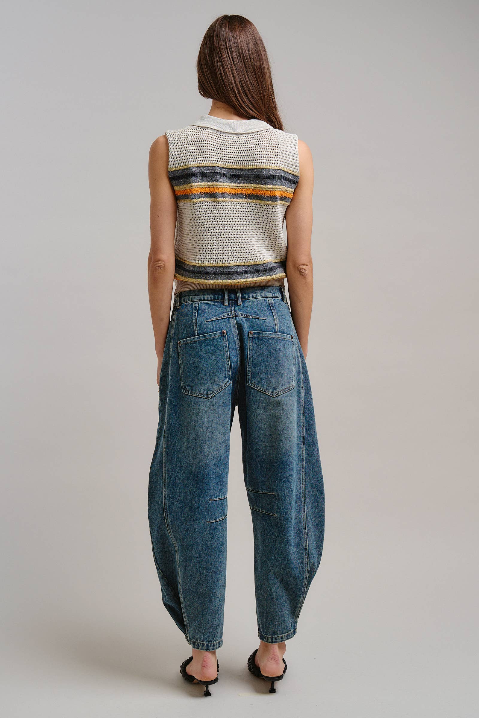 Retro Striped Metallic Knit Sleeveless Polo