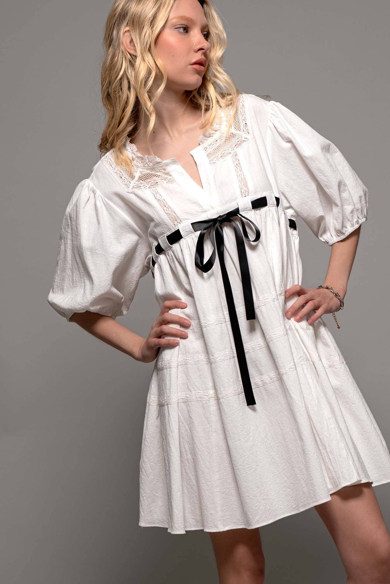 Urban Daizy Square Neck Lace Trim Bow Detail Empire Waist Dress Ivory Dress - Women's (UDZ-DR-00332) – alternate view 17