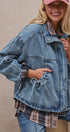 Vintage Washed Drawstring Denim Jacket with Stand Collar in DENIM - Women's Denim Jackets | Urban Daizy