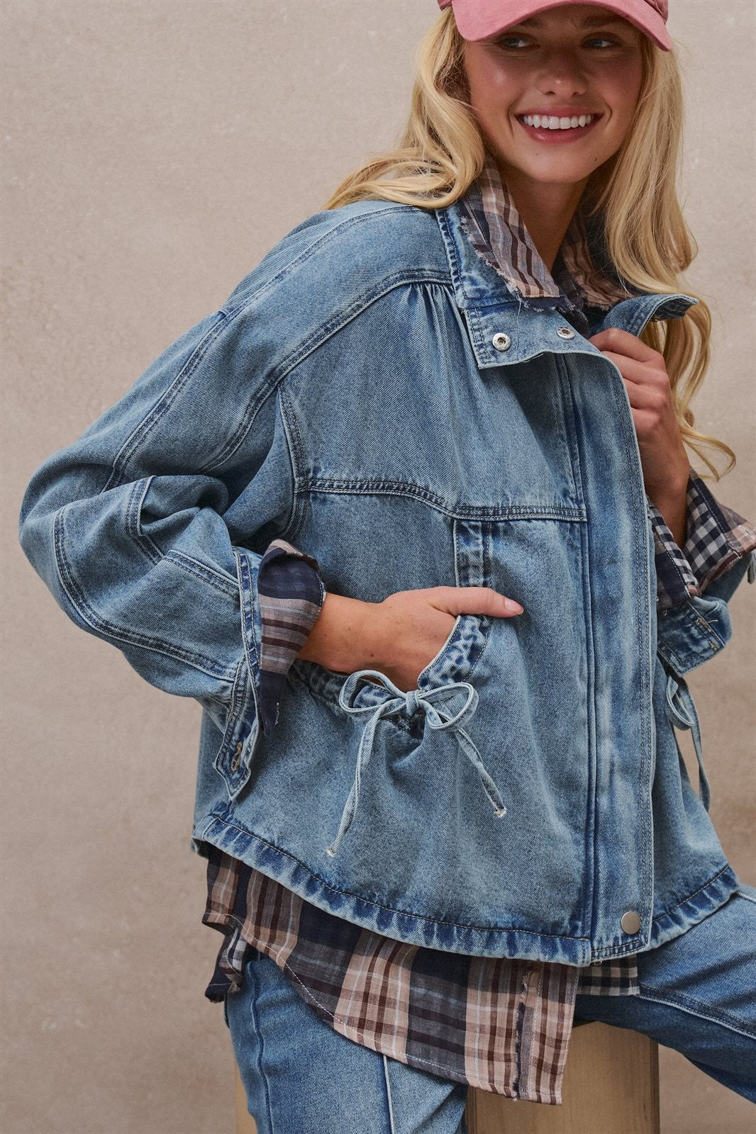 Vintage Washed Drawstring Denim Jacket with Stand Collar in DENIM - Women's Denim Jackets | Urban Daizy