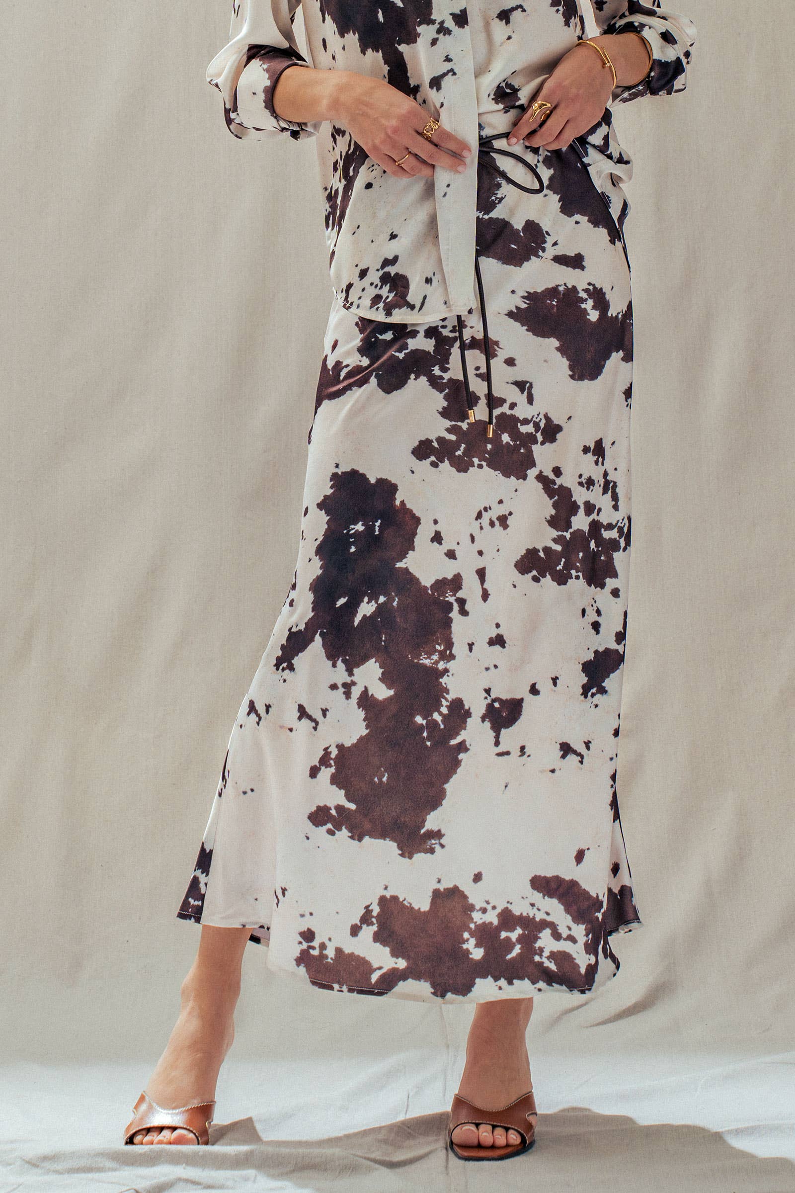 Urban Daizy Cowhide Print Satin Drawstring Midi Skirt Animal-Print Skirt - Women's (UDSK0074) – alternate view 6