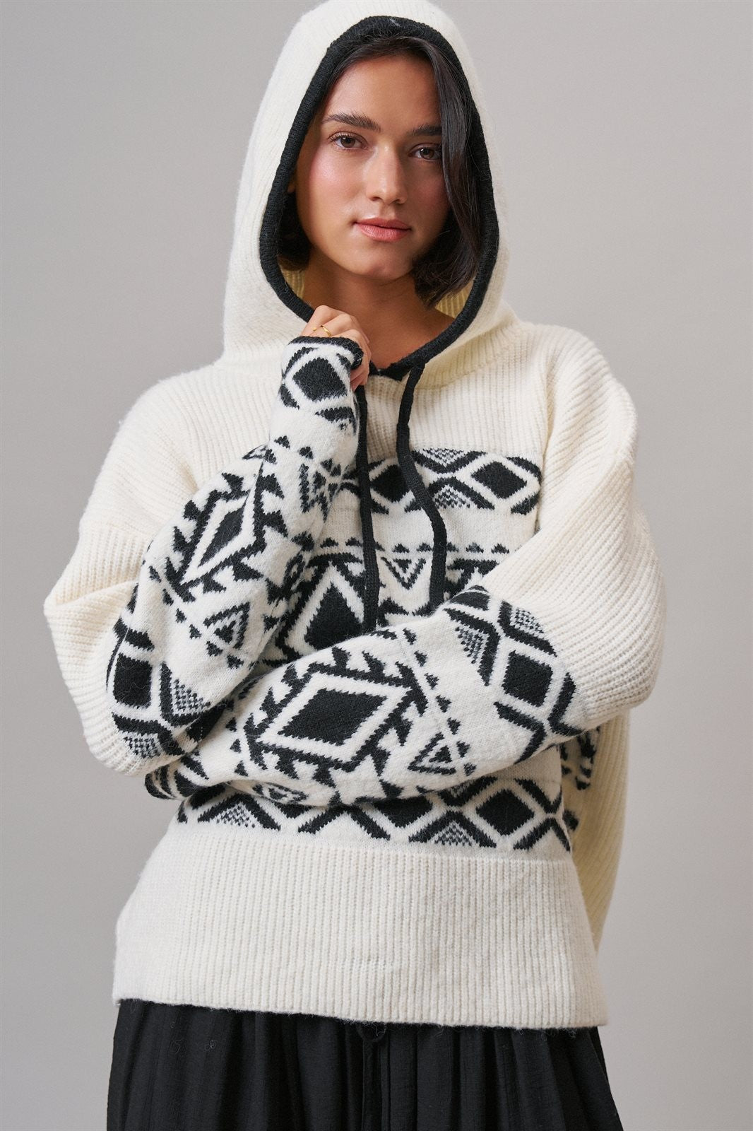 Nordic Fair Isle Hooded Sweater Wool Blend in IVORY BLACK - Women's Sweaters | Urban Daizy