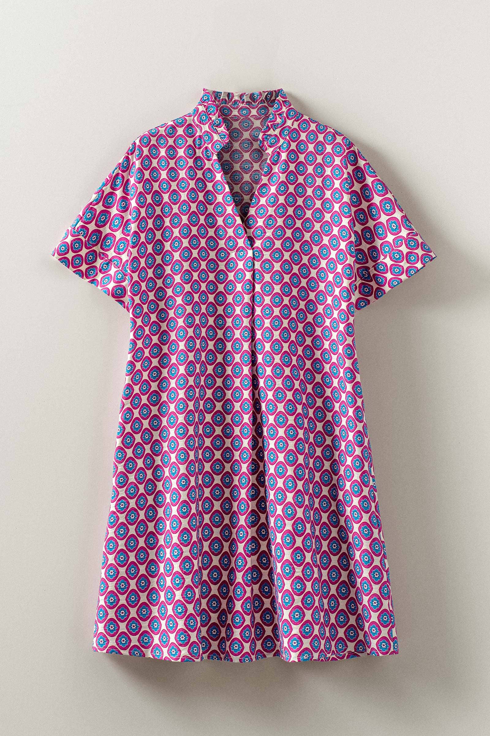 Retro Geometric Print Stand Collar Mini Dress