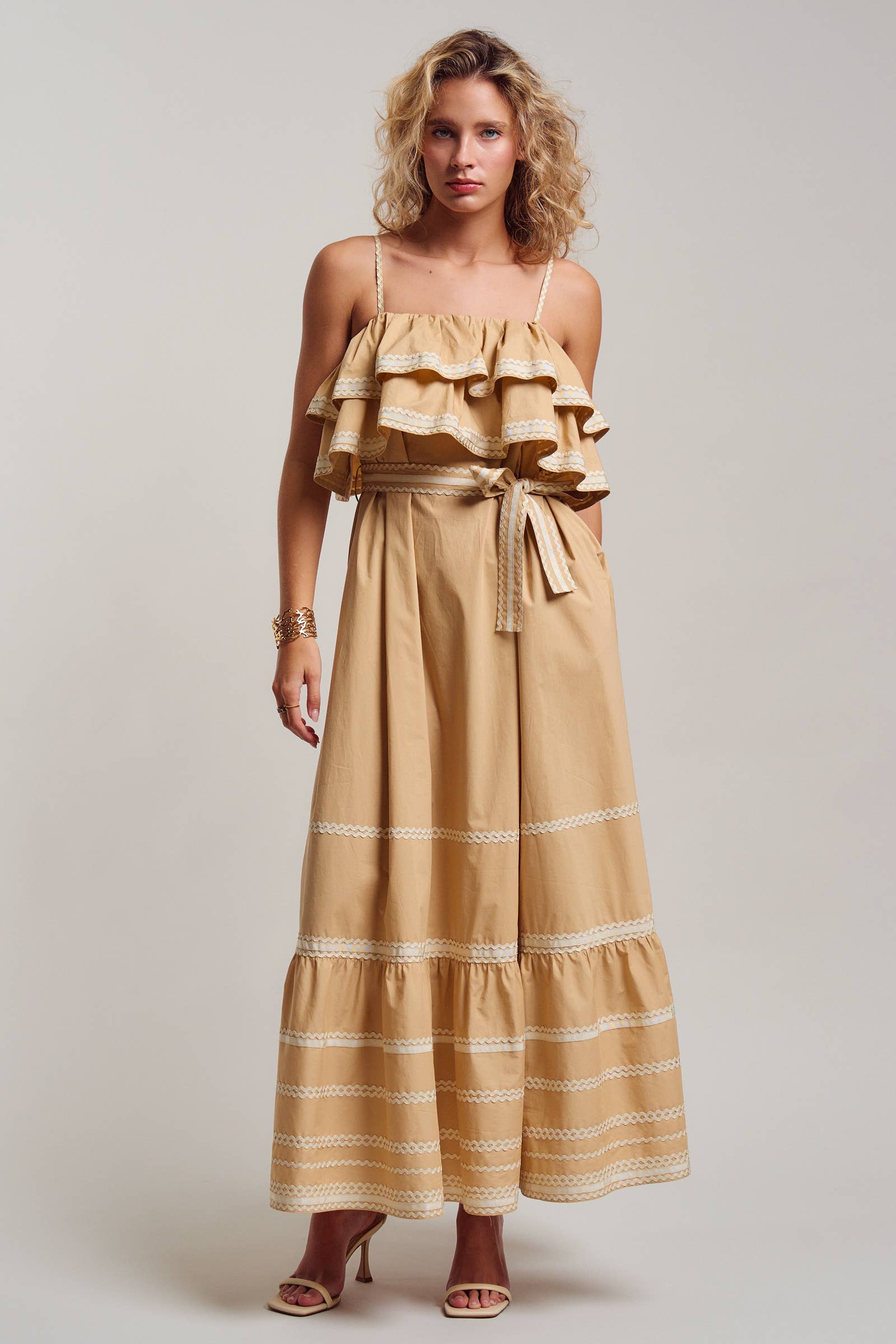 Rickrack Trim Tiered Ruffle Cotton Maxi Dress