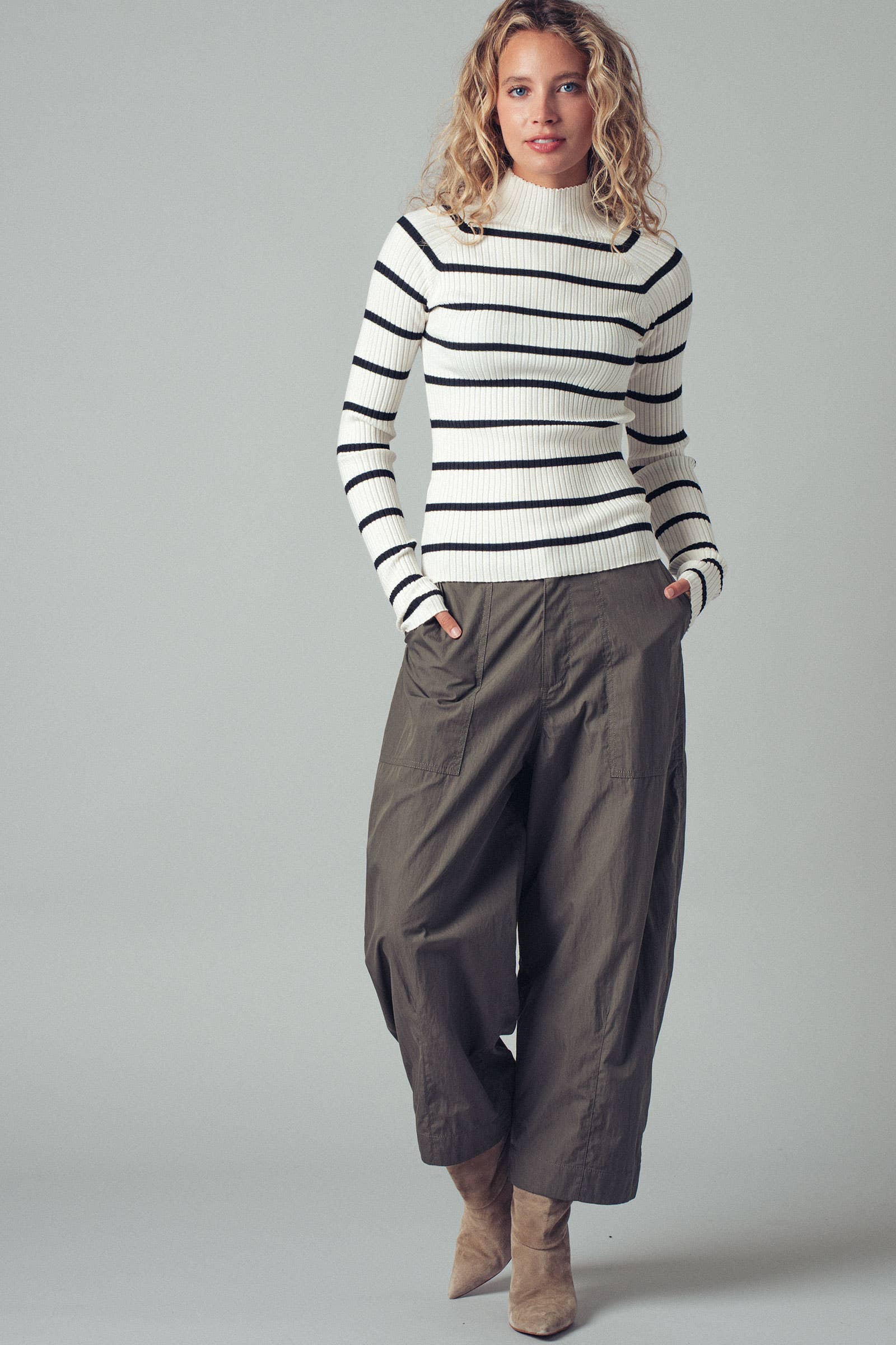 Striped Mock Neck Ribbed Sweater