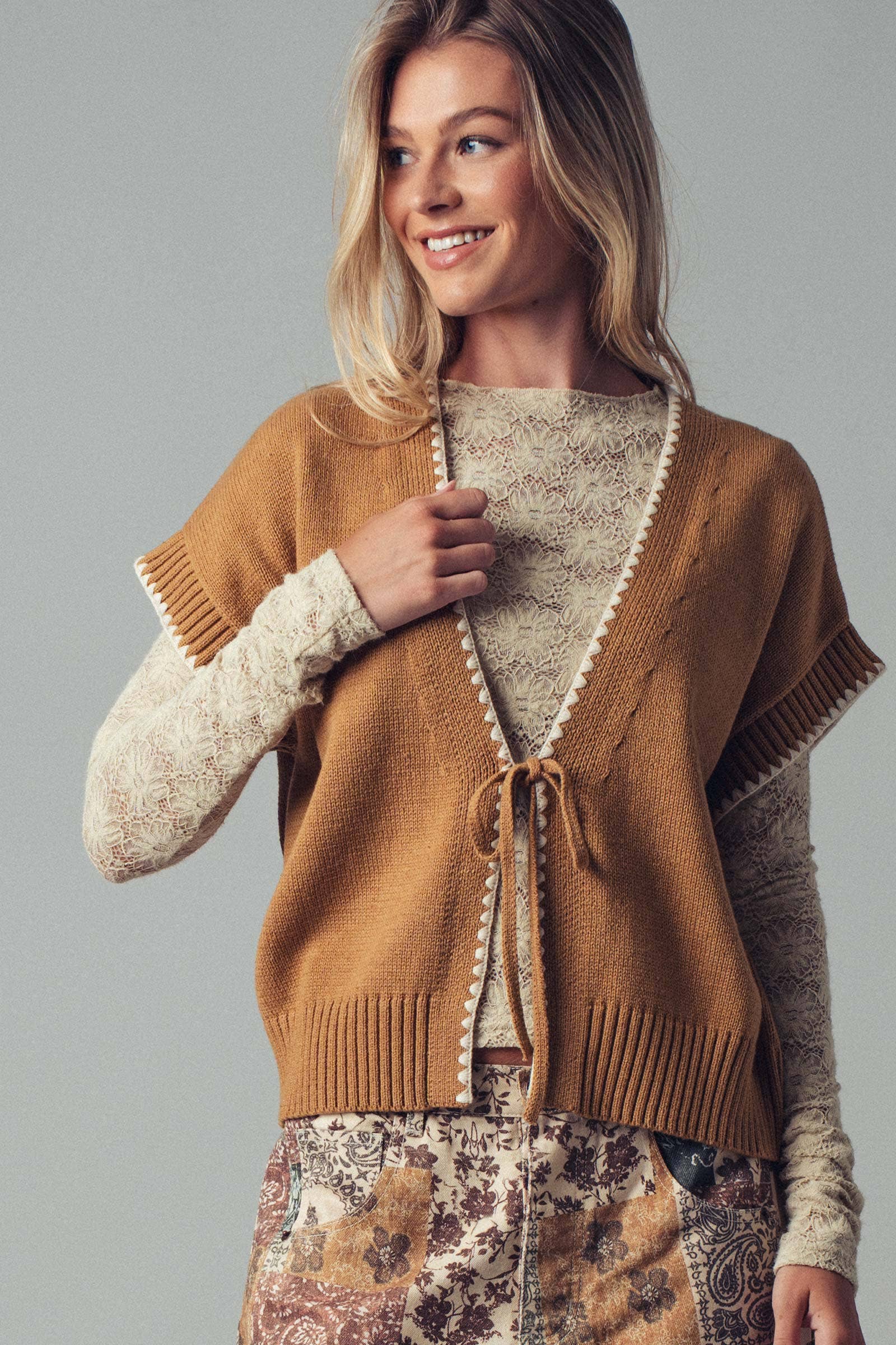 Crochet Trim Tie Front Knit Vest