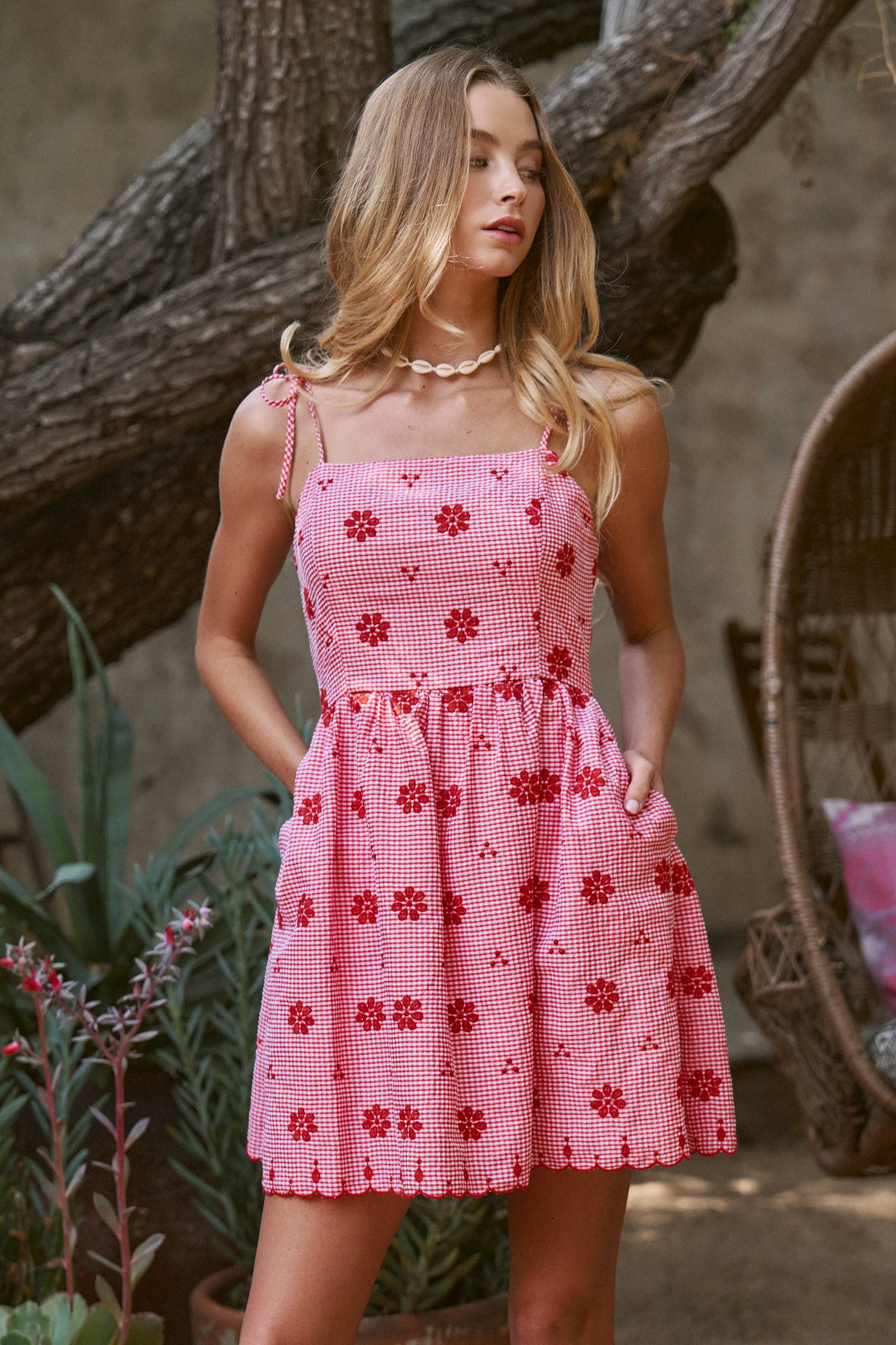 Urban Daizy Floral Embroidered Gingham Mini Dress Pink Dress - Women's (UDDR0358-Pink)