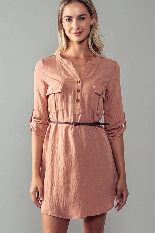 Utility Pocket Belted Henley Mini Dress