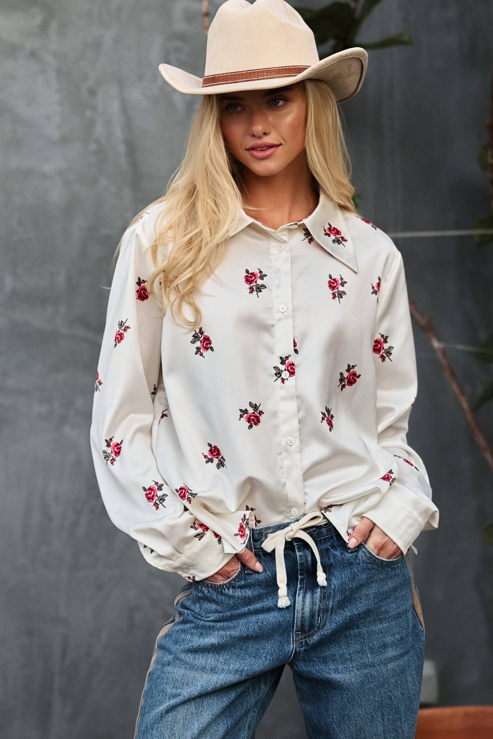 Rose Print Satin Button-Up Blouse