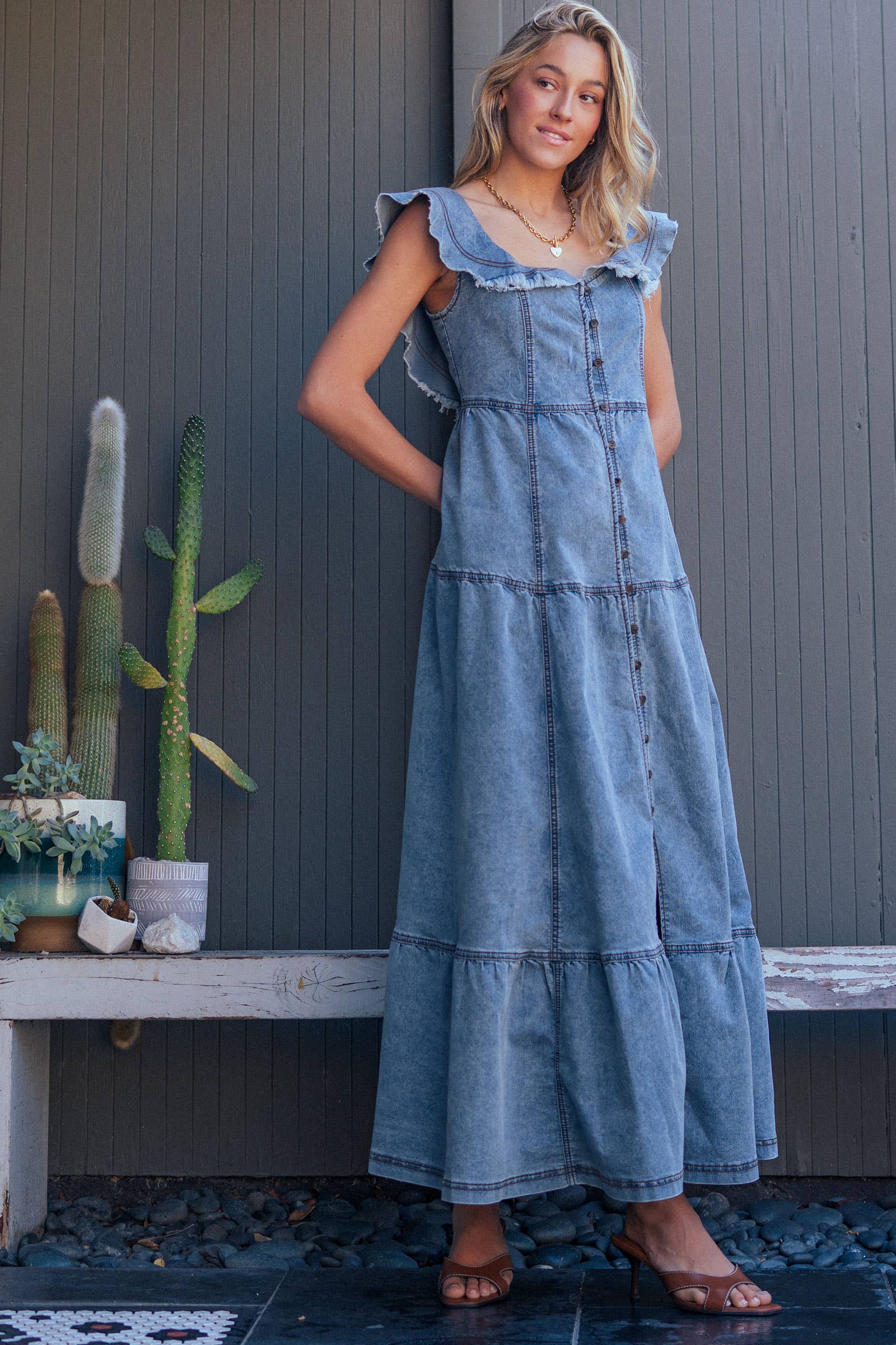 Urban Daizy Button Front Denim Maxi Dress Raw Edge Ruffle Lt-Denim Dress - Women's (UDZ-DR-00516)
