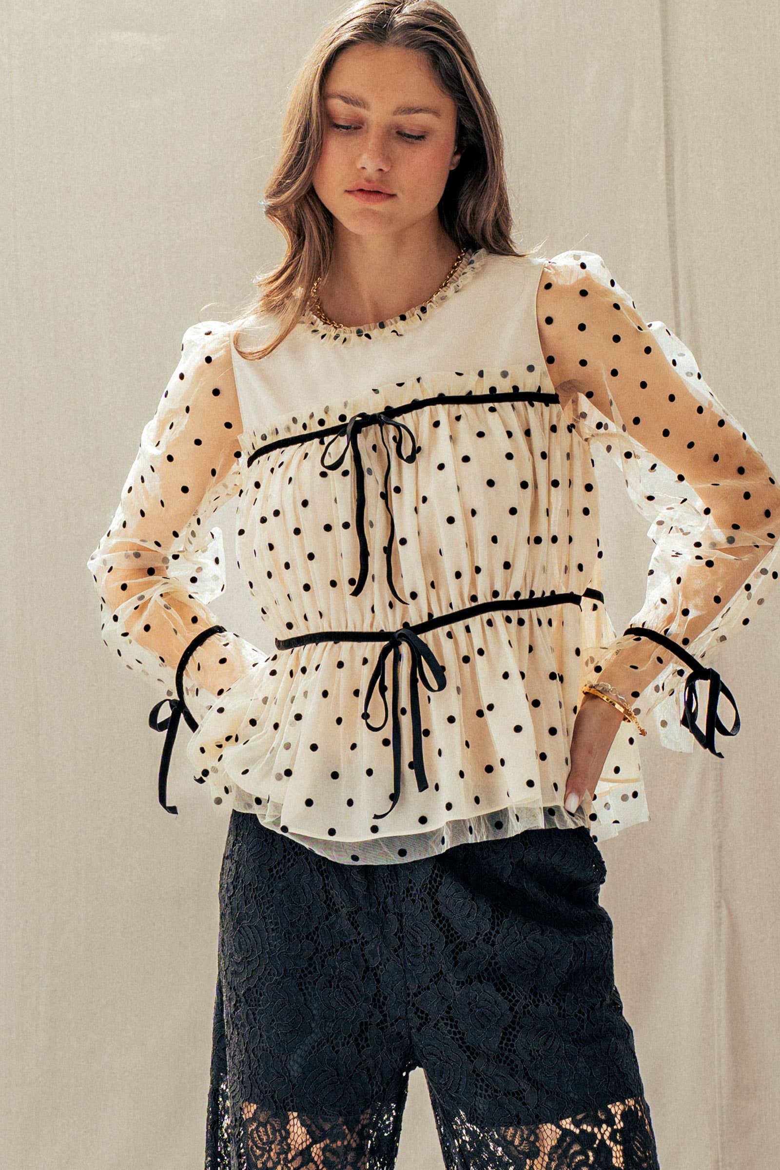 Urban Daizy Polka Dot Mesh Babydoll Top Velvet Bow Tie Ivory-Black Blouse - Women's (UDZ-TP-01052) – alternate view 8